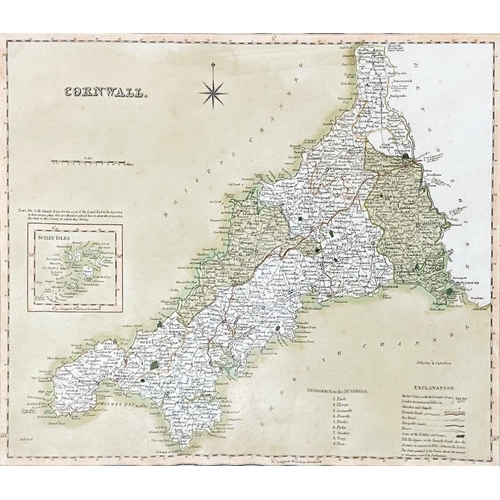 649 - Hand coloured engraved map of Cornwall and Scilly Isles published by Henry Teesdale, 35 x 42cm, fram... 