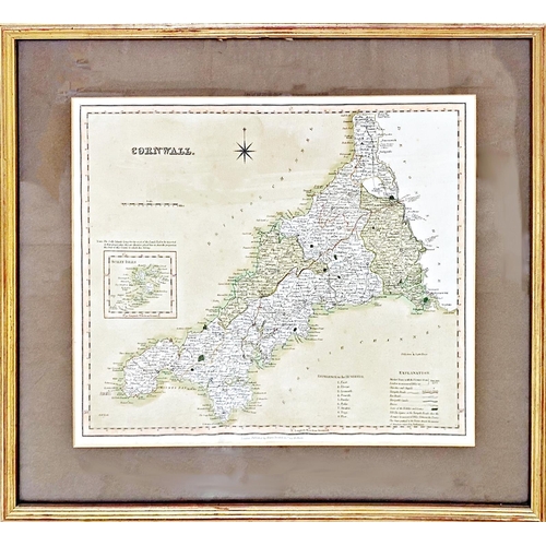 649 - Hand coloured engraved map of Cornwall and Scilly Isles published by Henry Teesdale, 35 x 42cm, fram... 