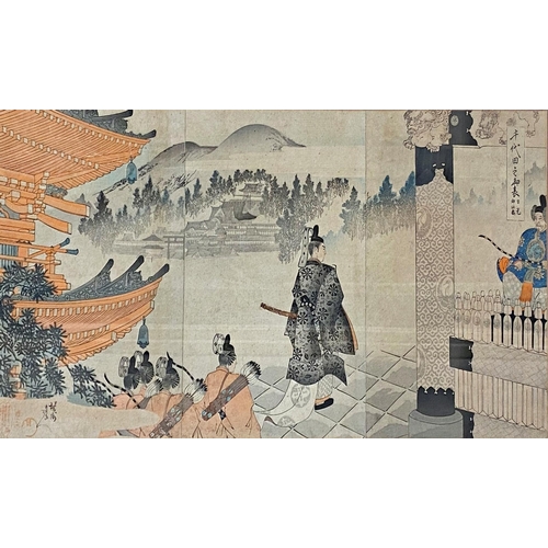 106 - 19th century Chinese school - A warrior and and emperor in pagoda landscape, signed with various mar... 