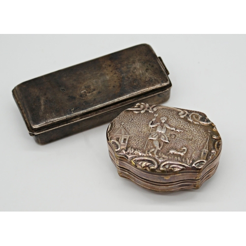 258 - 19th century Dutch export silver serpentine twin sided box, embossed with a figure and dog in rural ... 