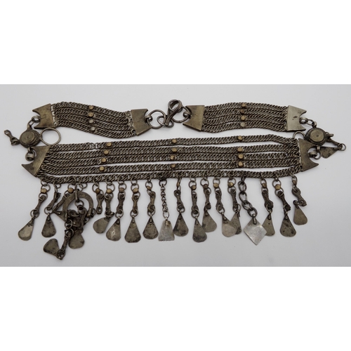 113 - Eastern tribal white metal necklace with unusual forged links and tassels