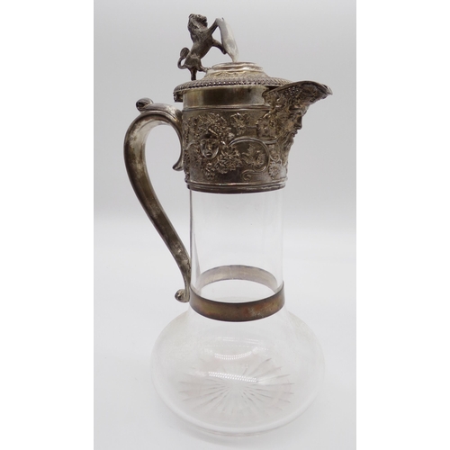 263 - Late Victorian silver and glass claret jug, mounted by a rampant lion, maker Horace Woodward & Co Lt... 