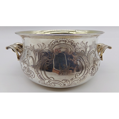 268 - Victorian silver twin handled porringer, cast acanthus handles, gilt interior, maker William Ker Rei... 