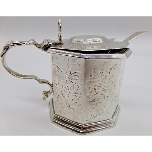 270 - Victorian silver octagonal mustard, with engraved floral decoration, blue glass liner, matched spoon... 