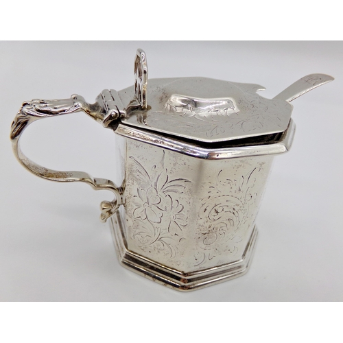 270 - Victorian silver octagonal mustard, with engraved floral decoration, blue glass liner, matched spoon... 