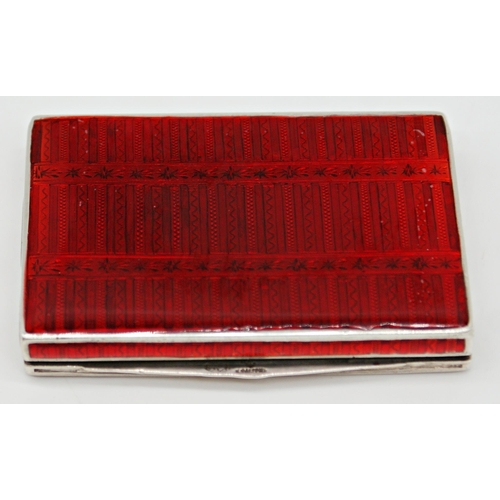 359 - Impressive Faberge silver and red enamel card or cigarette case, with hinged top with brightcut silv... 