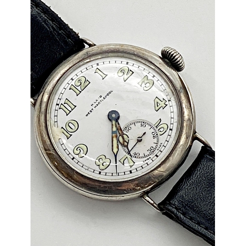 469 - Early 20th century Longines silver gents trench watch, 35mm case, enamel dial with lume hands and Ar... 