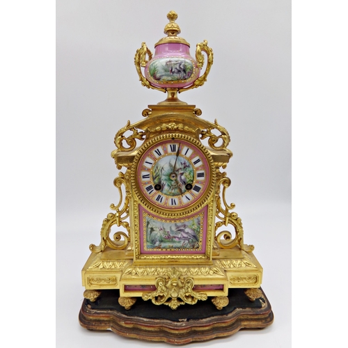 473 - Good quality French ormolu mantle clock, fitted with Sevres style porcelain panels hand painted with... 