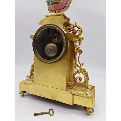 473 - Good quality French ormolu mantle clock, fitted with Sevres style porcelain panels hand painted with... 