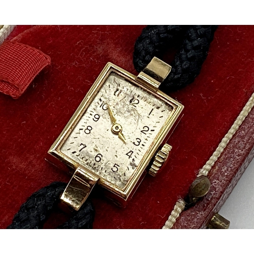 433 - 1950s 9ct gold Dennison cased cocktail watch with high grade IWC movement, 15mm case with silver dia... 