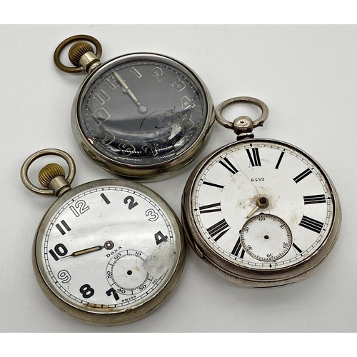 440 - 19th century silver fusee key wind pocket watch, with two further military style pocket watches (3)