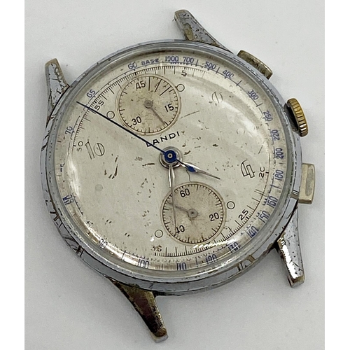 445 - Unusual 1940s Landi Chronograph stainless steel gents wristwatch, 35mm case, silver dial with unusua... 