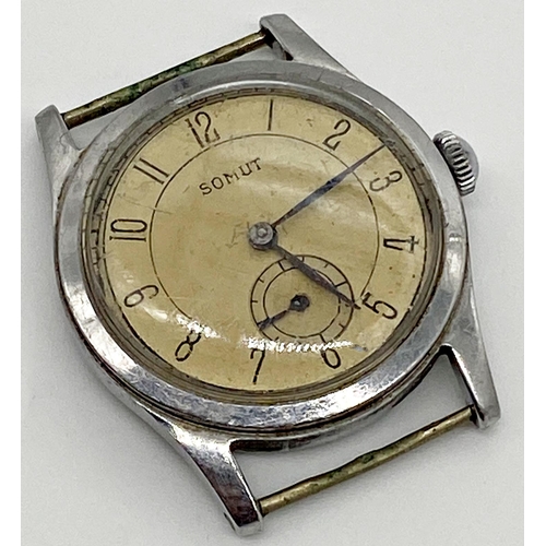 448 - 1940s Sumit World War II stainless steel gents wristwatch, 32mm case, champagne dial, Arabic numeral... 