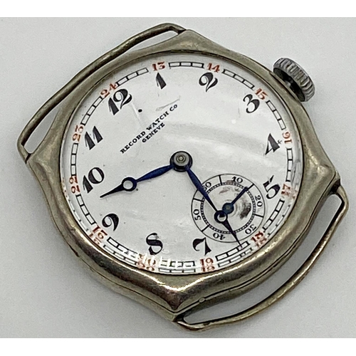 450 - 1920s Record Watch Co nickel cased gents dress watch, 31mm serpentine case, enamel dial with Arabic ... 