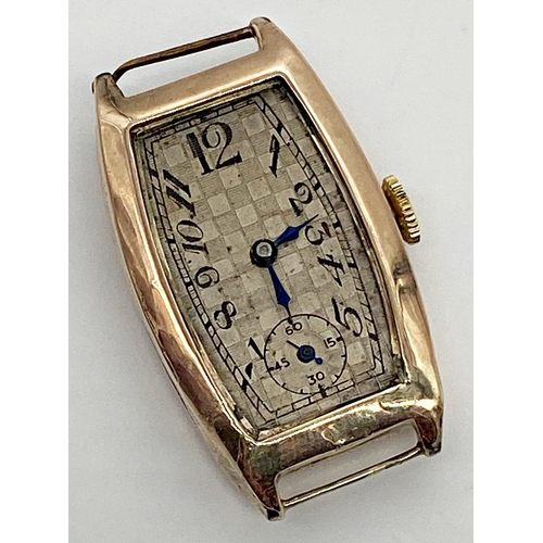 451 - 1920s 9ct gold Art Deco tank watch, 20mm case, chequered dial with Arabic numerals and subsidiary se... 