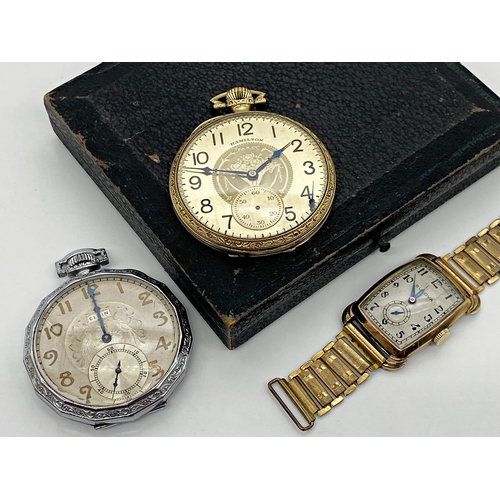 452 - A collection of good American branded wrist watches and pocket watches, consisting of one original b... 