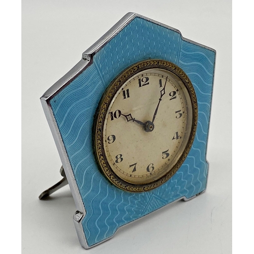 475 - Art Deco Blue Guilloche enamel easel desk clock, 8 x 8cm