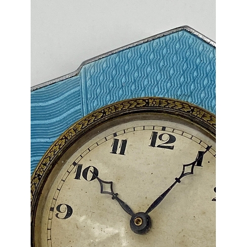 475 - Art Deco Blue Guilloche enamel easel desk clock, 8 x 8cm