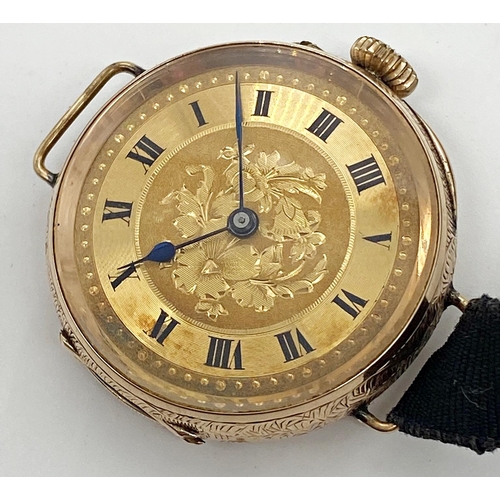 458 - J.B Dent & Sons 10ct gold watch with Roman numerals, floral etching to face, surrounding case etched... 