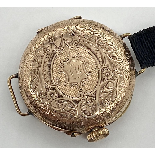 458 - J.B Dent & Sons 10ct gold watch with Roman numerals, floral etching to face, surrounding case etched... 