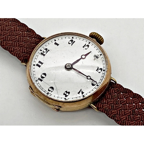 461 - Early 9ct gents lug watch, 26mm case, enamel dial with blue steel hands and Arabic numerals, current... 