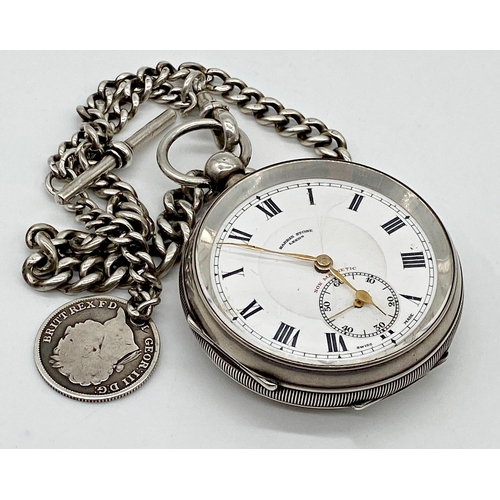 462 - 1920s silver cased pocket watch by Harris Stone of Leeds, 52mm case, enamel dial with gilt hands and... 