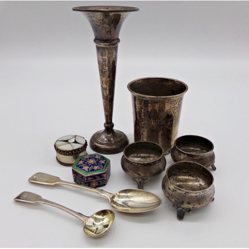 223 - Collection of silver - flared vase, three engine turned salts, white metal beaker, two spoons and tw... 