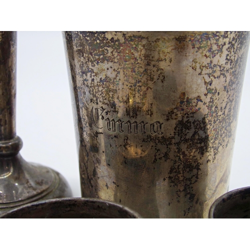 223 - Collection of silver - flared vase, three engine turned salts, white metal beaker, two spoons and tw... 