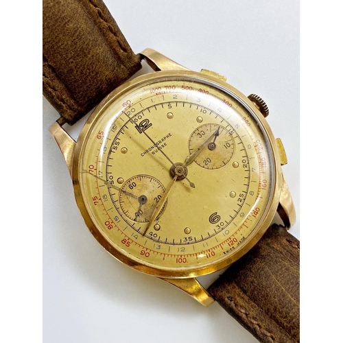 401 - Chronographe Suisse 18ct gents wristwatch, 38mm case, gilt dial with gilt hands, two subsidiary dial... 