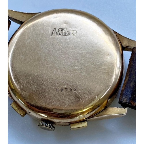 401 - Chronographe Suisse 18ct gents wristwatch, 38mm case, gilt dial with gilt hands, two subsidiary dial... 