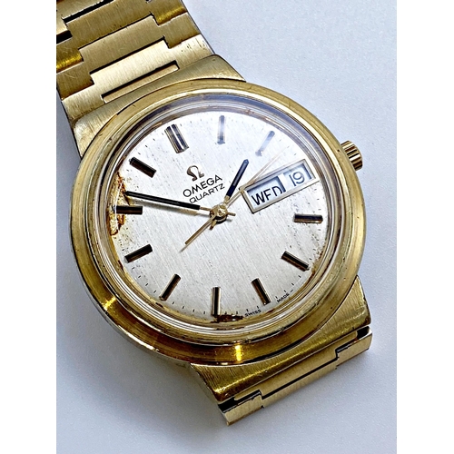 382 - 1970s Omega Day Date Quartz gold plated wristwatch, 36mm case, silvered dial with black hands and ba... 