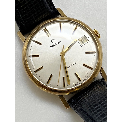 383 - Vintage Omega Geneve 9ct gents wristwatch, 34mm case, champagne dial with gilt hands and markers, da... 