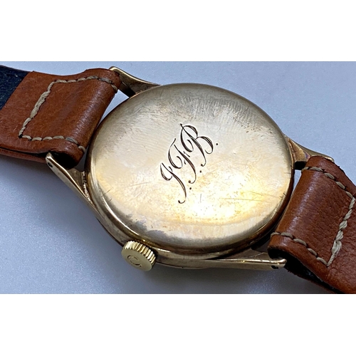 384 - Vintage Omega 9ct gents wristwatch, 34mm case, champagne dial with gilt hands and Arabic numerals, s... 