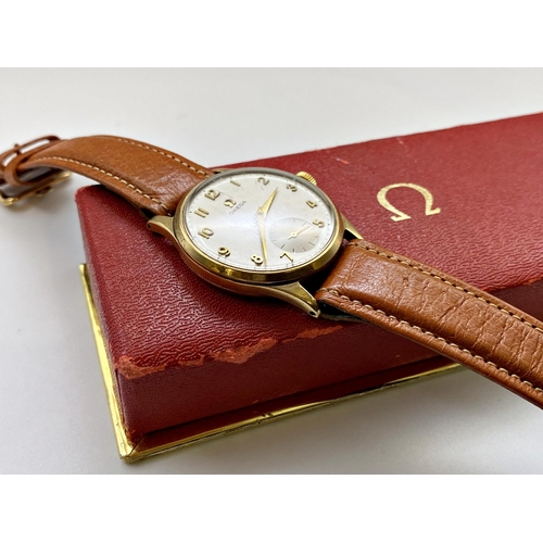 384 - Vintage Omega 9ct gents wristwatch, 34mm case, champagne dial with gilt hands and Arabic numerals, s... 