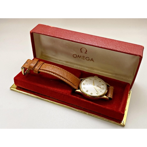 384 - Vintage Omega 9ct gents wristwatch, 34mm case, champagne dial with gilt hands and Arabic numerals, s... 