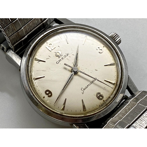 385 - Vintage Omega Seamaster stainless steel gents wristwatch, champagne dial with silver hands, markers ... 