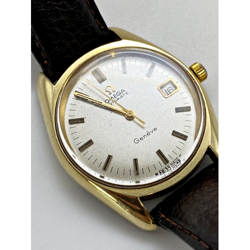 387 - Vintage Omega Geneve automatic gold plated wristwatch, 34mm case, champagne dial with gilt hands and... 