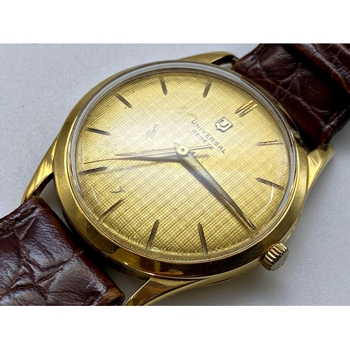 407 - Universal Geneve automatic 18ct gold gents wristwatch, 35mm case, textured gilt dial with gilt hands... 