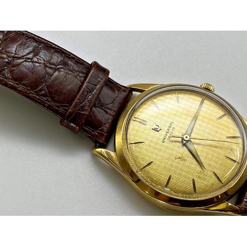 407 - Universal Geneve automatic 18ct gold gents wristwatch, 35mm case, textured gilt dial with gilt hands... 