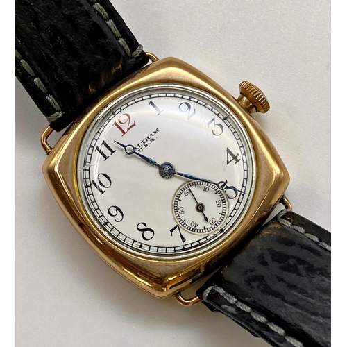 408 - Antique Waltham 9ct gents lug wristwatch, 31mm case, enamel dial with Arabic numerals, subsidiary se... 