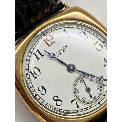 408 - Antique Waltham 9ct gents lug wristwatch, 31mm case, enamel dial with Arabic numerals, subsidiary se... 