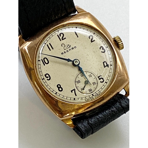 409 - Antique Record 9ct gents lug wristwatch, 30mm case, silvered dial with black hands and Arabic numera... 