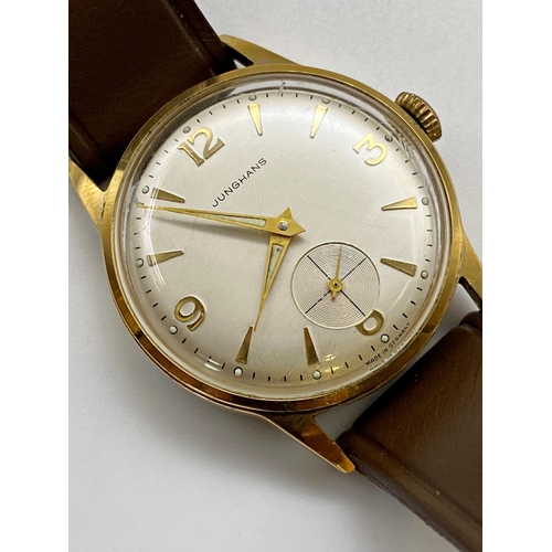 412 - Vintage Junghans 9ct mid size gents wristwatch, 30mm case, convex champagne dial with gilt hands, ma... 