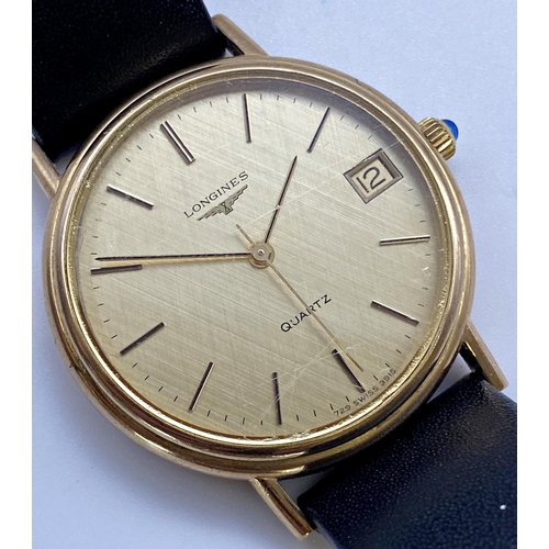 413 - Vintage Longines quartz 9ct gold gents wristwatch, 35mm case, gilt dial with gilt hands and baton ma... 