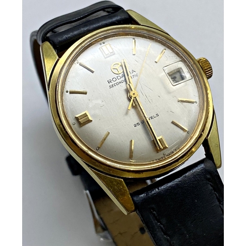 414 - Vintage Rodania Secondomatic (automatic) gold plated wristwatch, 32mm case, convex champagne dial wi... 