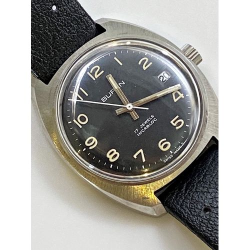 415 - Vintage Buren Incabloc stainless steel gents wristwatch , 34mm case, black dial with lume hands and ... 