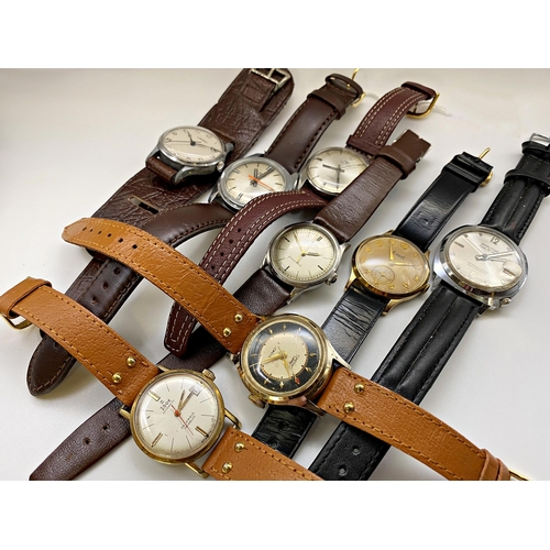 417 - 8 vintage gents watches to include Longines, Smiths x 2, Worltime, Court, Eoox, Mido and Technos