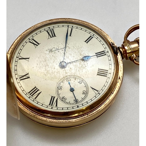 418 - 1920s 9ct Waltham hunter pocket watch, 50mm case, enamel dial with Roman numerals and subsidiary sec... 