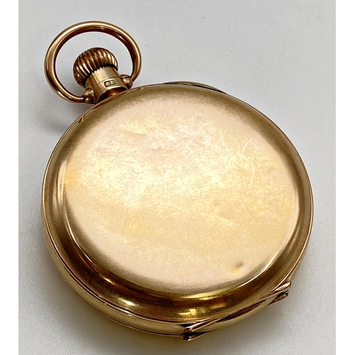 418 - 1920s 9ct Waltham hunter pocket watch, 50mm case, enamel dial with Roman numerals and subsidiary sec... 