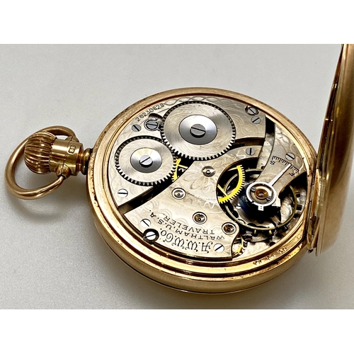 418 - 1920s 9ct Waltham hunter pocket watch, 50mm case, enamel dial with Roman numerals and subsidiary sec... 